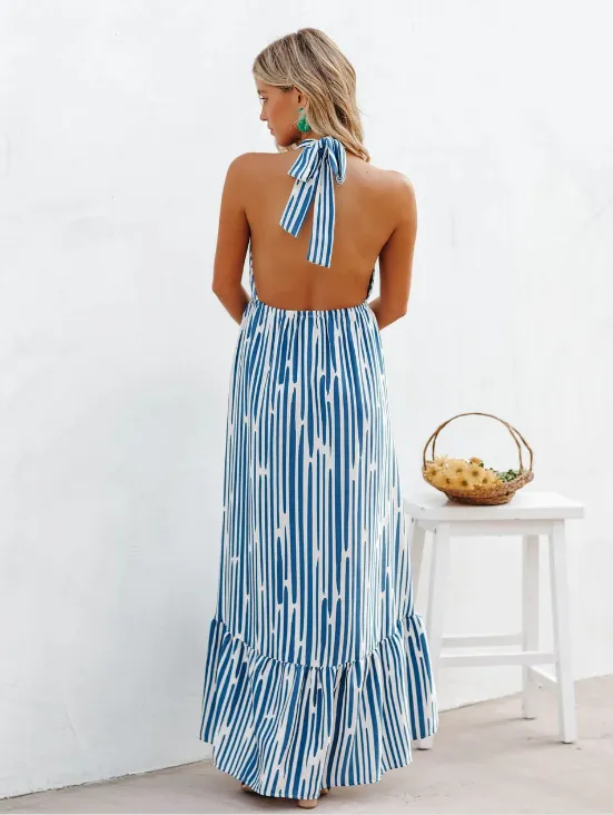 Sexy backless suspender deep V big swing striped dress