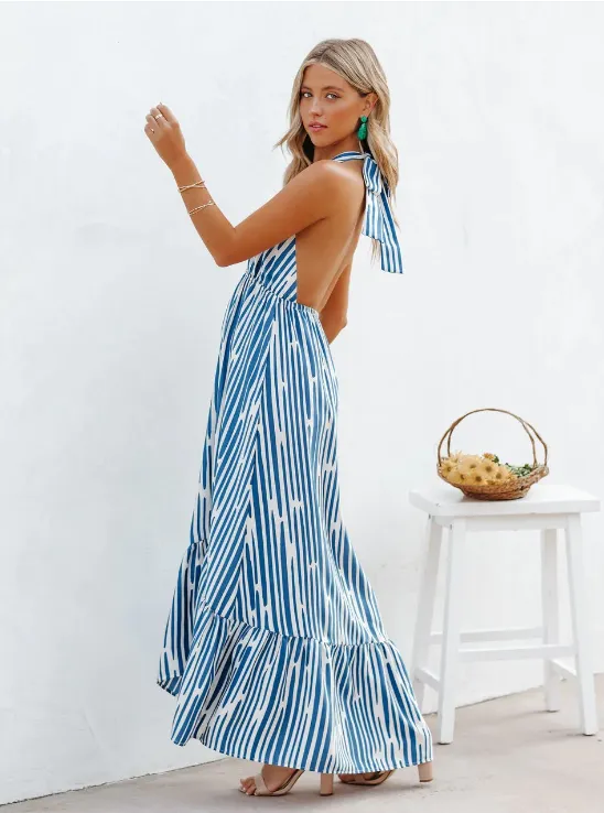 Sexy backless suspender deep V big swing striped dress