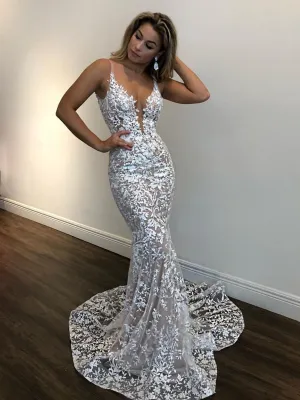 Sexy Mermaid V Neck White Lace Champagne Prom, Lace Champagne Formal, Champagne Evening