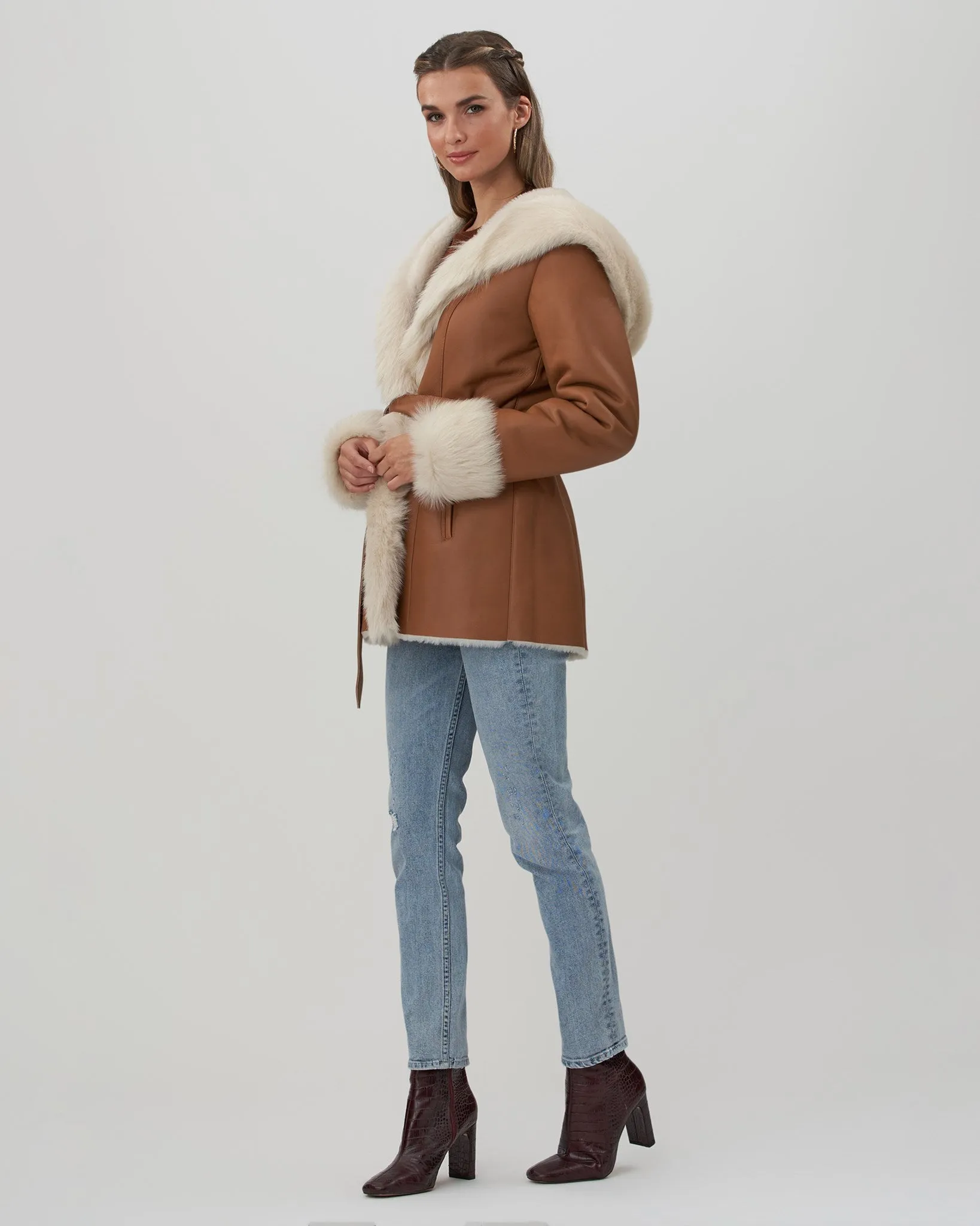 Shearling Lamb Hooded Jacket with Toscana Trim and Cuffs, Belt