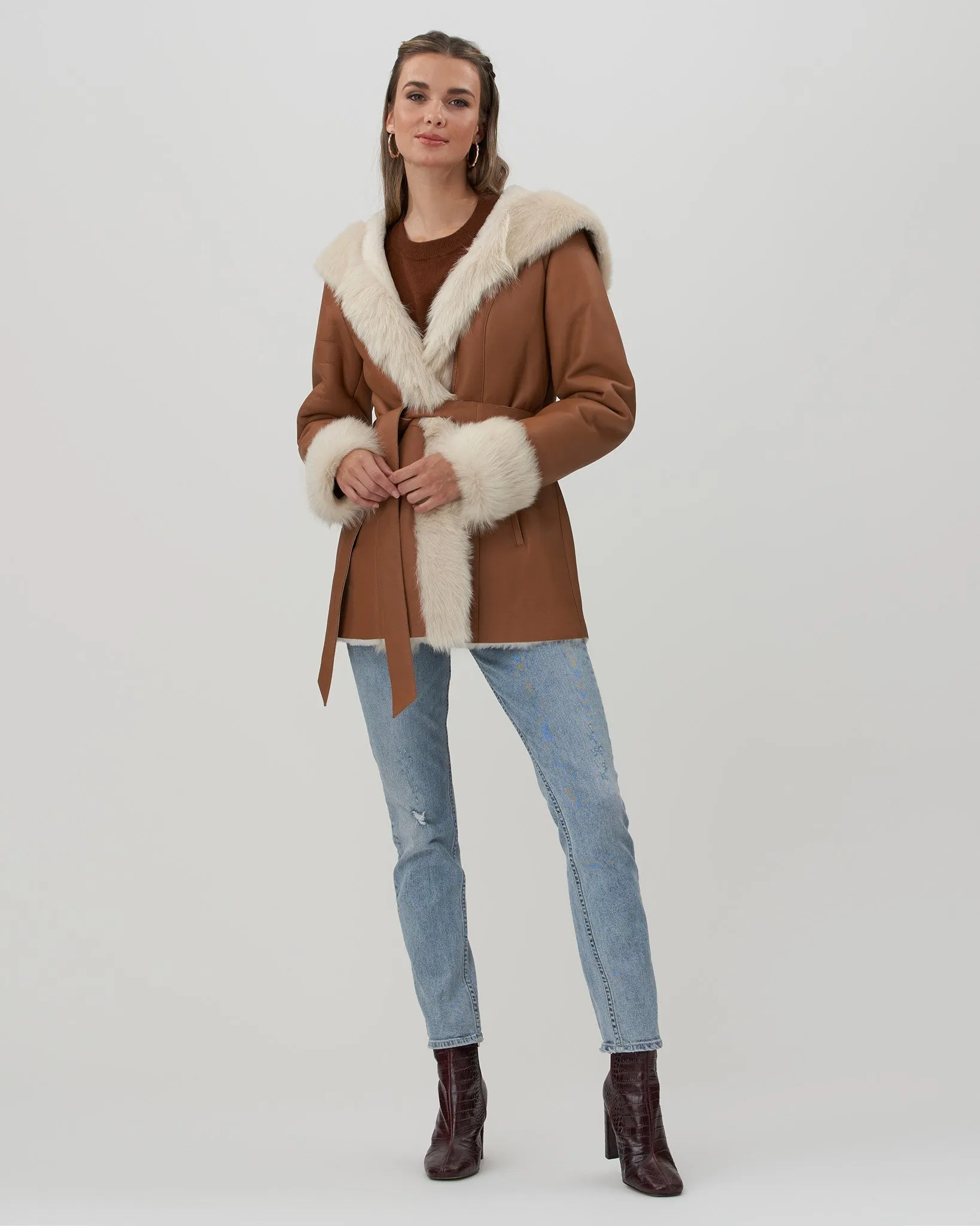 Shearling Lamb Hooded Jacket with Toscana Trim and Cuffs, Belt