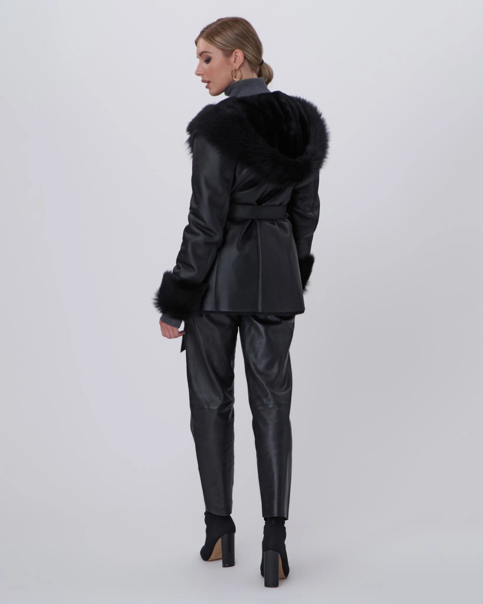 Shearling Lamb Hooded Jacket with Toscana Trim and Cuffs, Belt