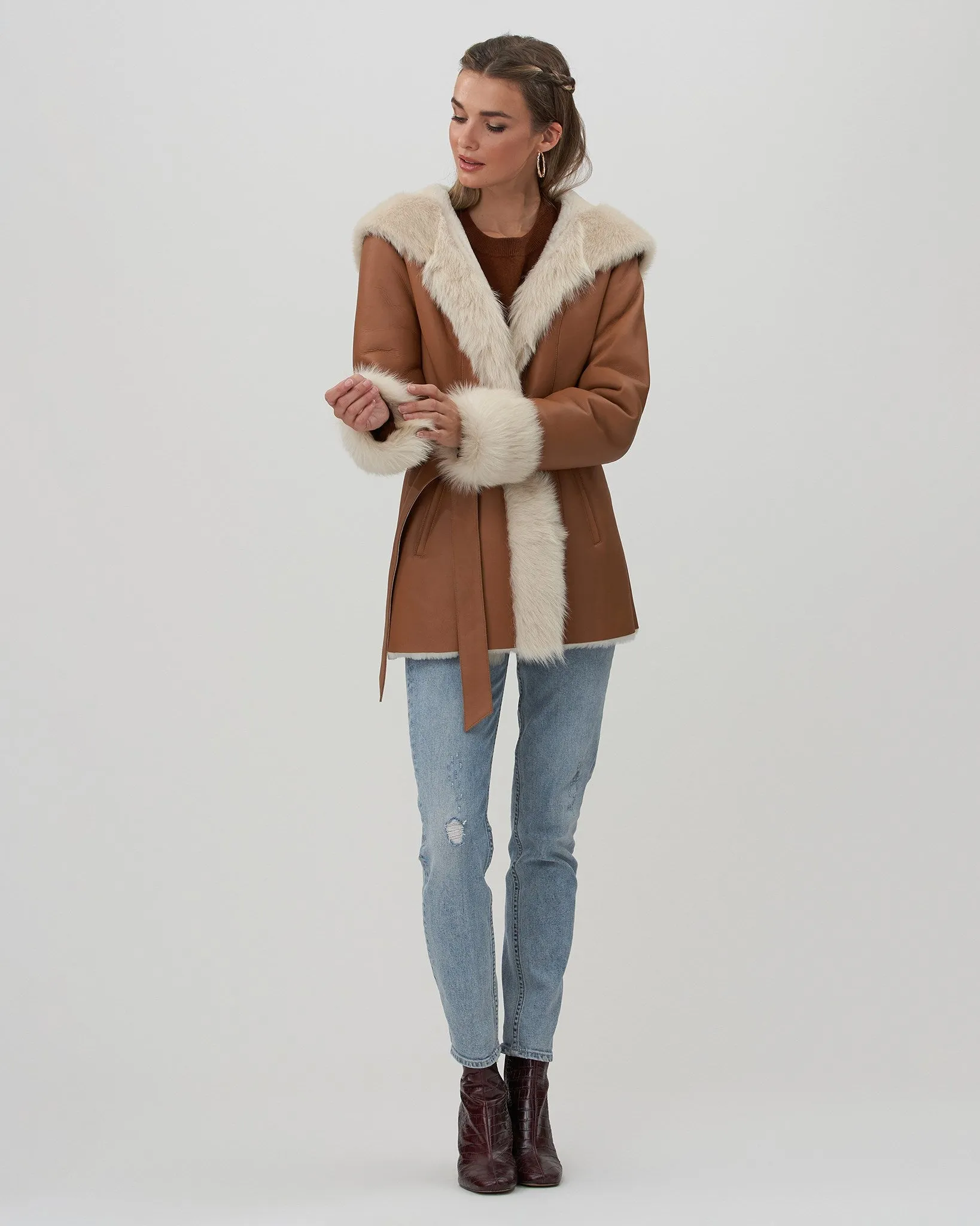 Shearling Lamb Hooded Jacket with Toscana Trim and Cuffs, Belt