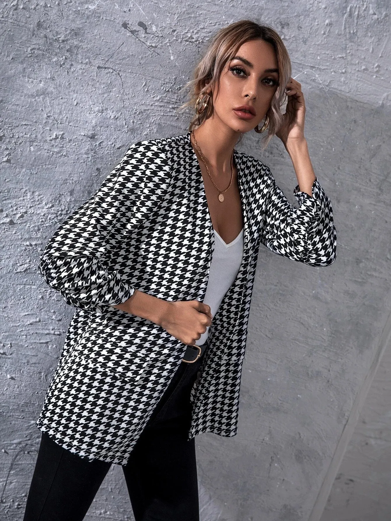 SHEIN Unity Open Front Houndstooth Blazer