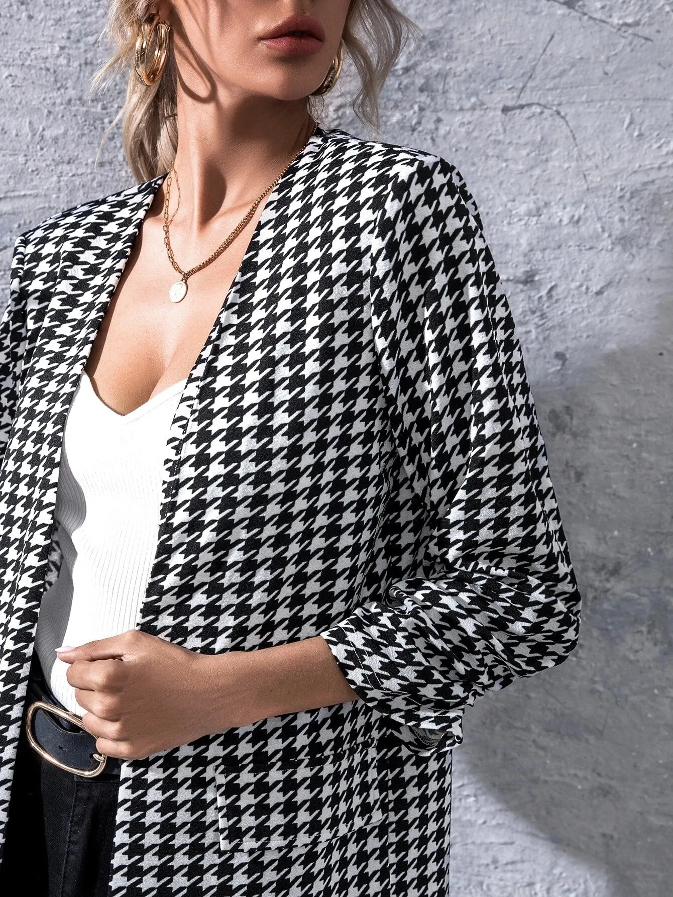 SHEIN Unity Open Front Houndstooth Blazer