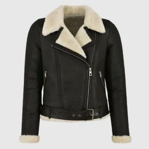 Shop Best Style Womens Genuine Leather Faux Fur Shearling Biker Jacket