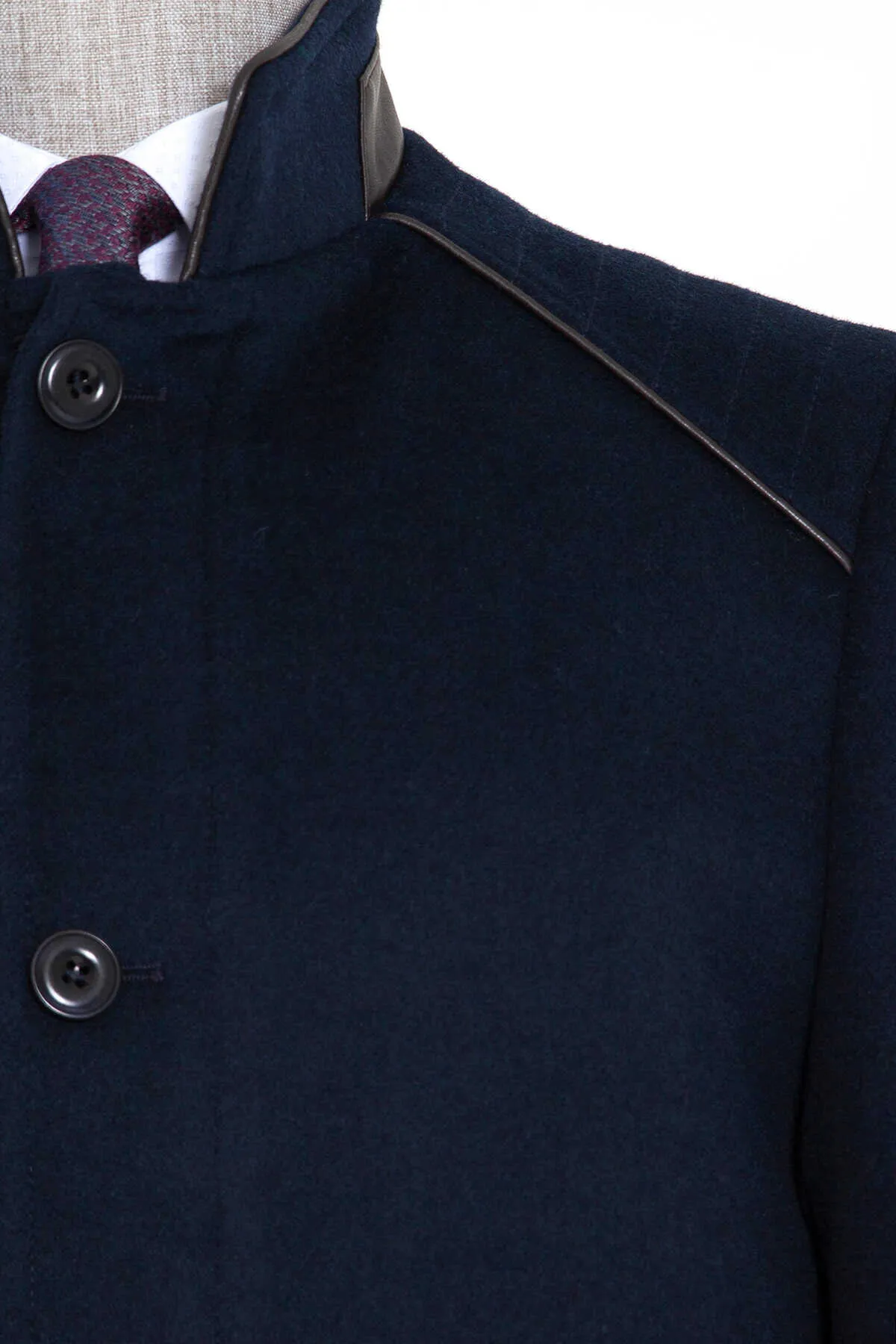 Slim Fit Notch Lapel Wool Navy Overcoat, Navy