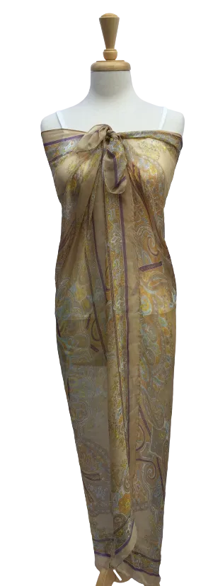 SLK15- Long sheer scarf with paisley print in yellow