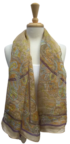 SLK15- Long sheer scarf with paisley print in yellow