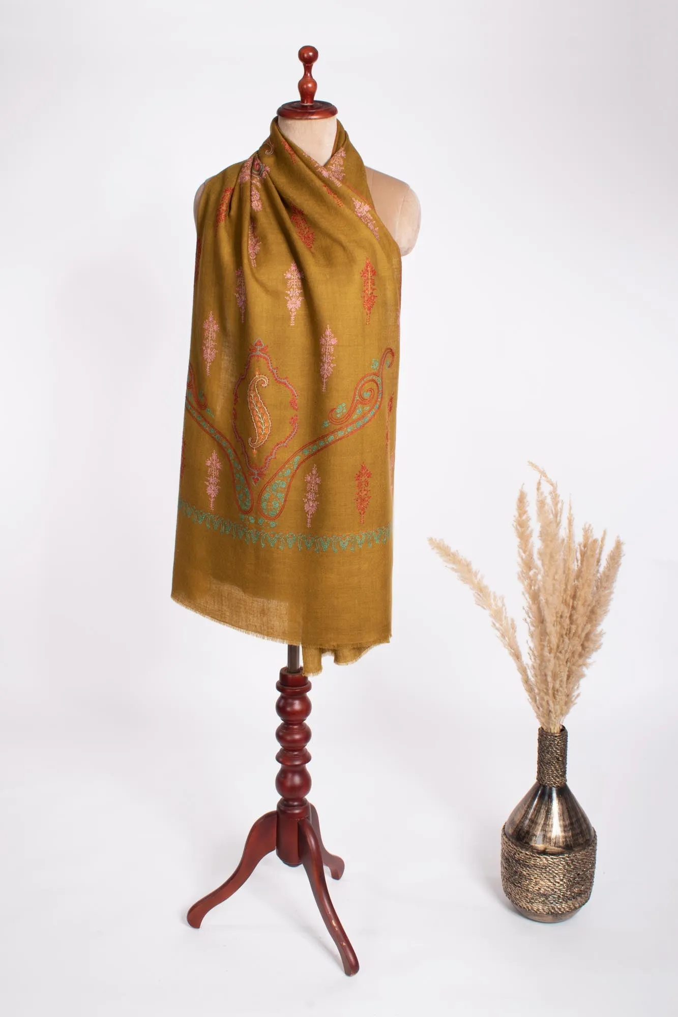 Soft Cashmere Scarf in Golden with Sozni Embroidery - MAJOR