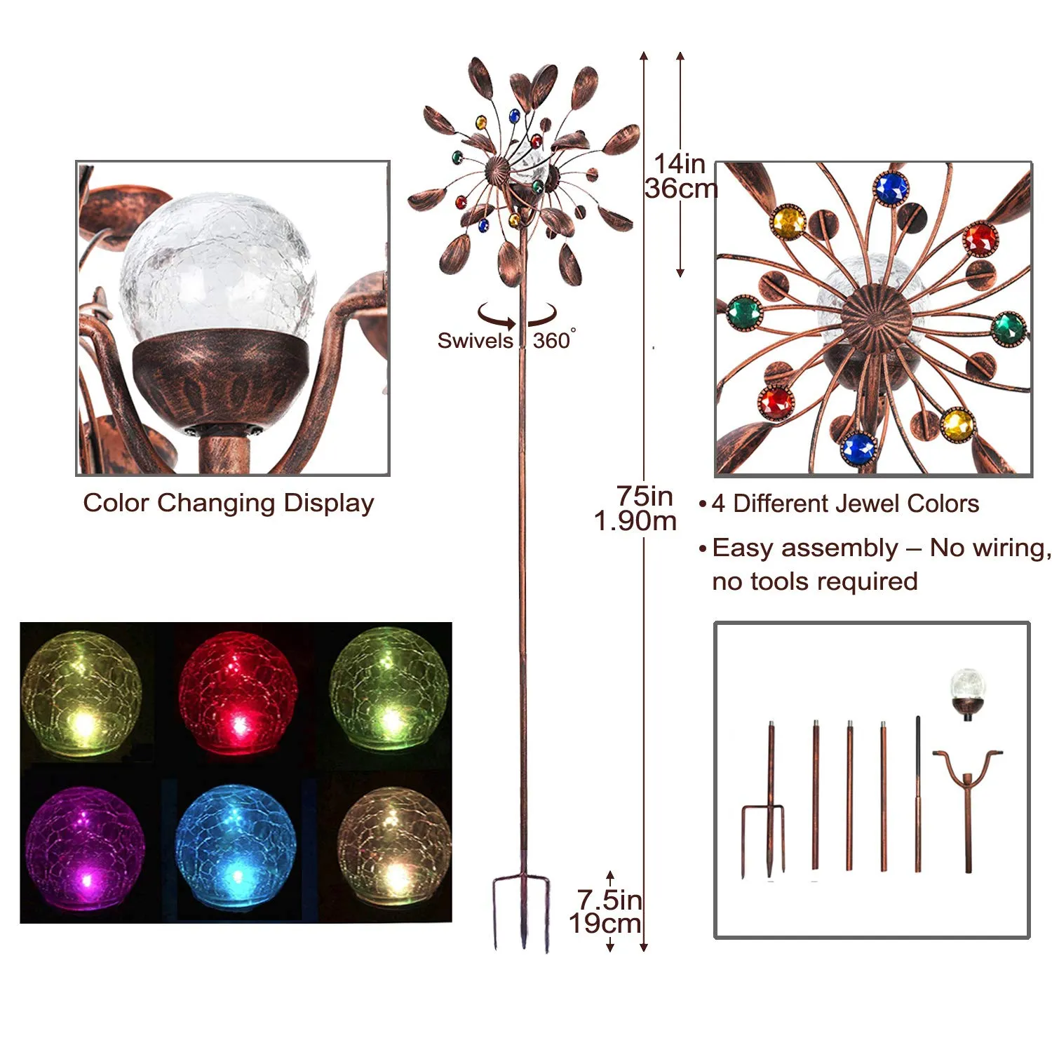 Solar Wind Spinner New 75In Jewel Cup Multi-Color Seasonal Led Lighting Solar Powered