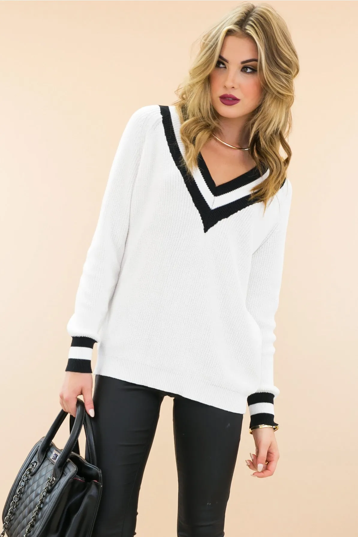 Talia V-Neck Varsity Sweater - White