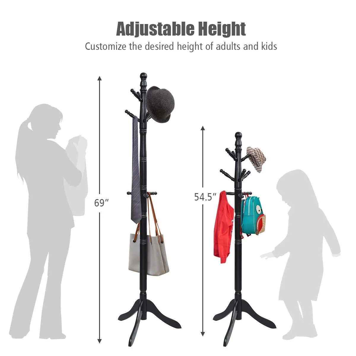 Tangkula Wood Coat Rack, Entryway Height Adjustable Coat Satnd with 9 Hooks & Stable Tri-Legged Base