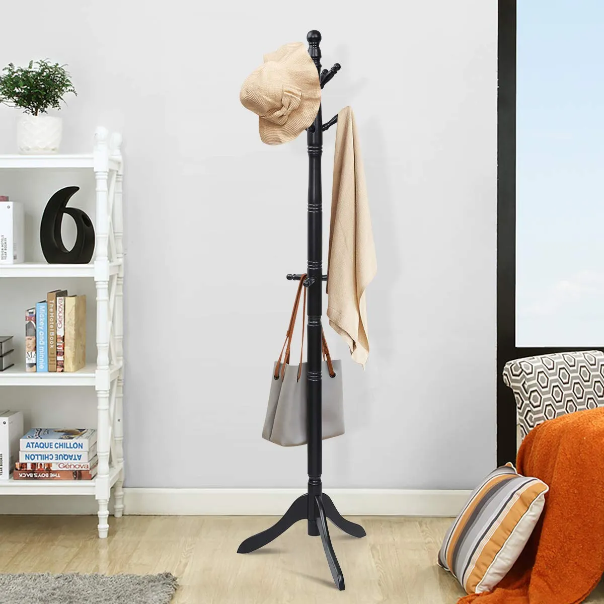 Tangkula Wood Coat Rack, Entryway Height Adjustable Coat Satnd with 9 Hooks & Stable Tri-Legged Base