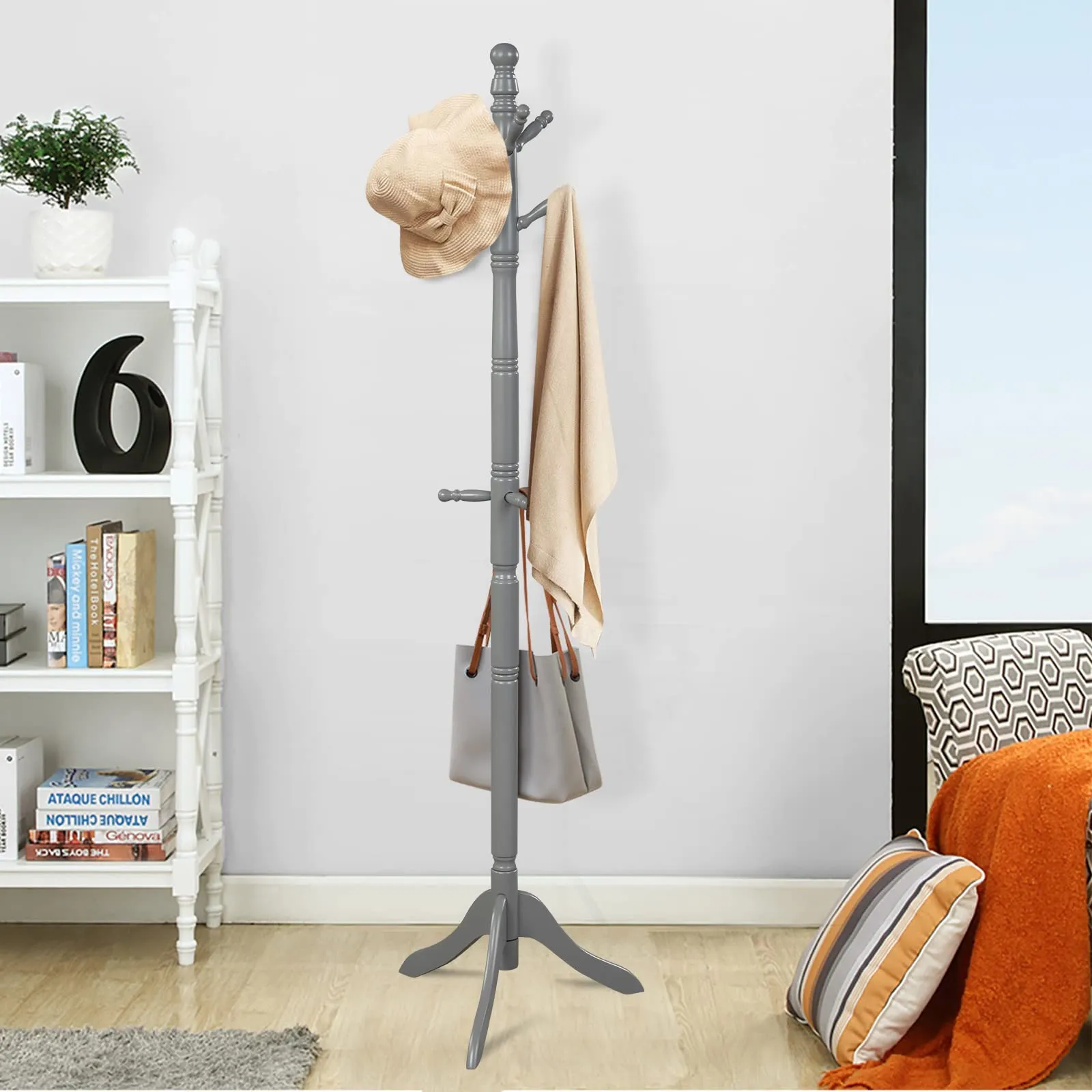 Tangkula Wood Coat Rack, Entryway Height Adjustable Coat Satnd with 9 Hooks & Stable Tri-Legged Base