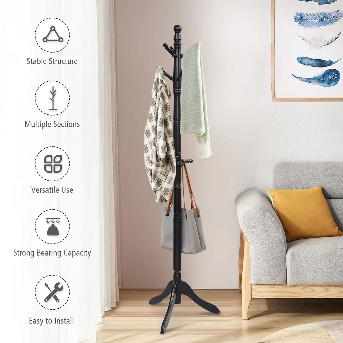 Tangkula Wood Coat Rack, Entryway Height Adjustable Coat Satnd with 9 Hooks & Stable Tri-Legged Base