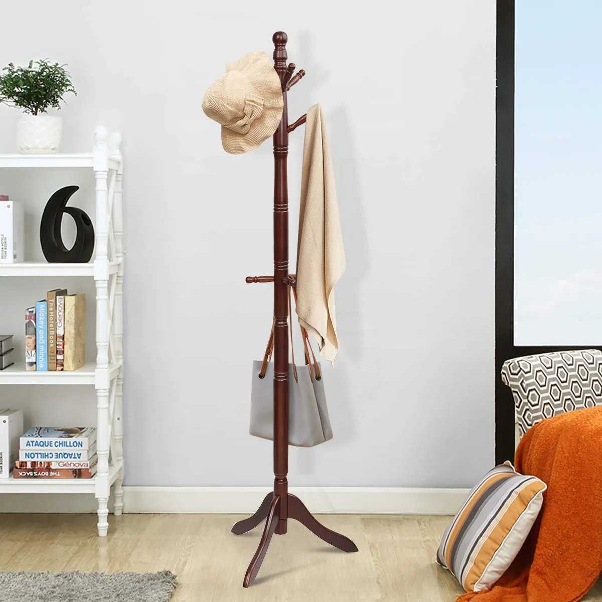 Tangkula Wood Coat Rack, Entryway Height Adjustable Coat Satnd with 9 Hooks & Stable Tri-Legged Base