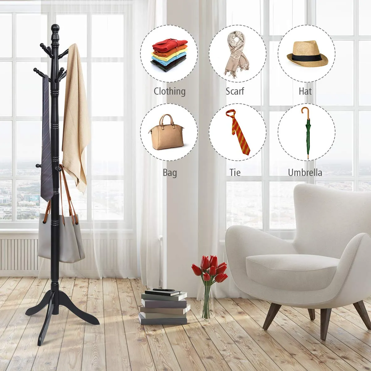 Tangkula Wood Coat Rack, Entryway Height Adjustable Coat Satnd with 9 Hooks & Stable Tri-Legged Base