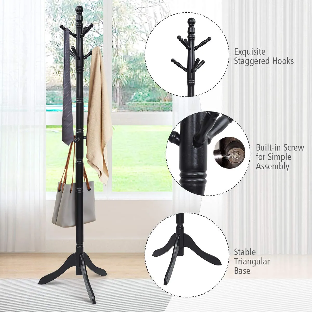 Tangkula Wood Coat Rack, Entryway Height Adjustable Coat Satnd with 9 Hooks & Stable Tri-Legged Base