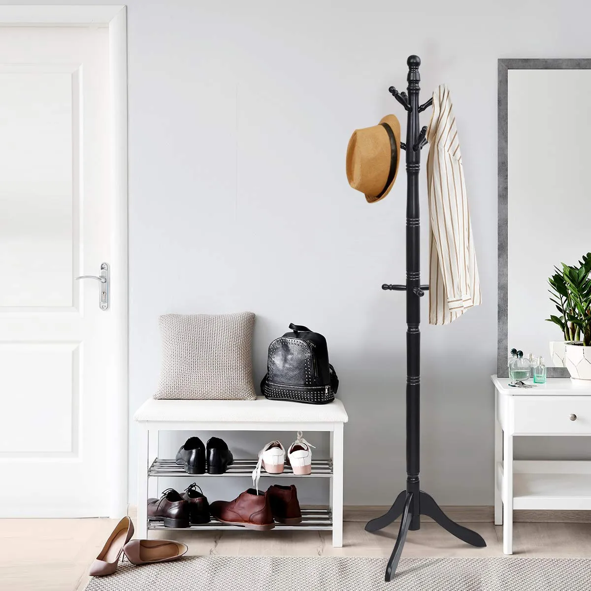 Tangkula Wood Coat Rack, Entryway Height Adjustable Coat Satnd with 9 Hooks & Stable Tri-Legged Base