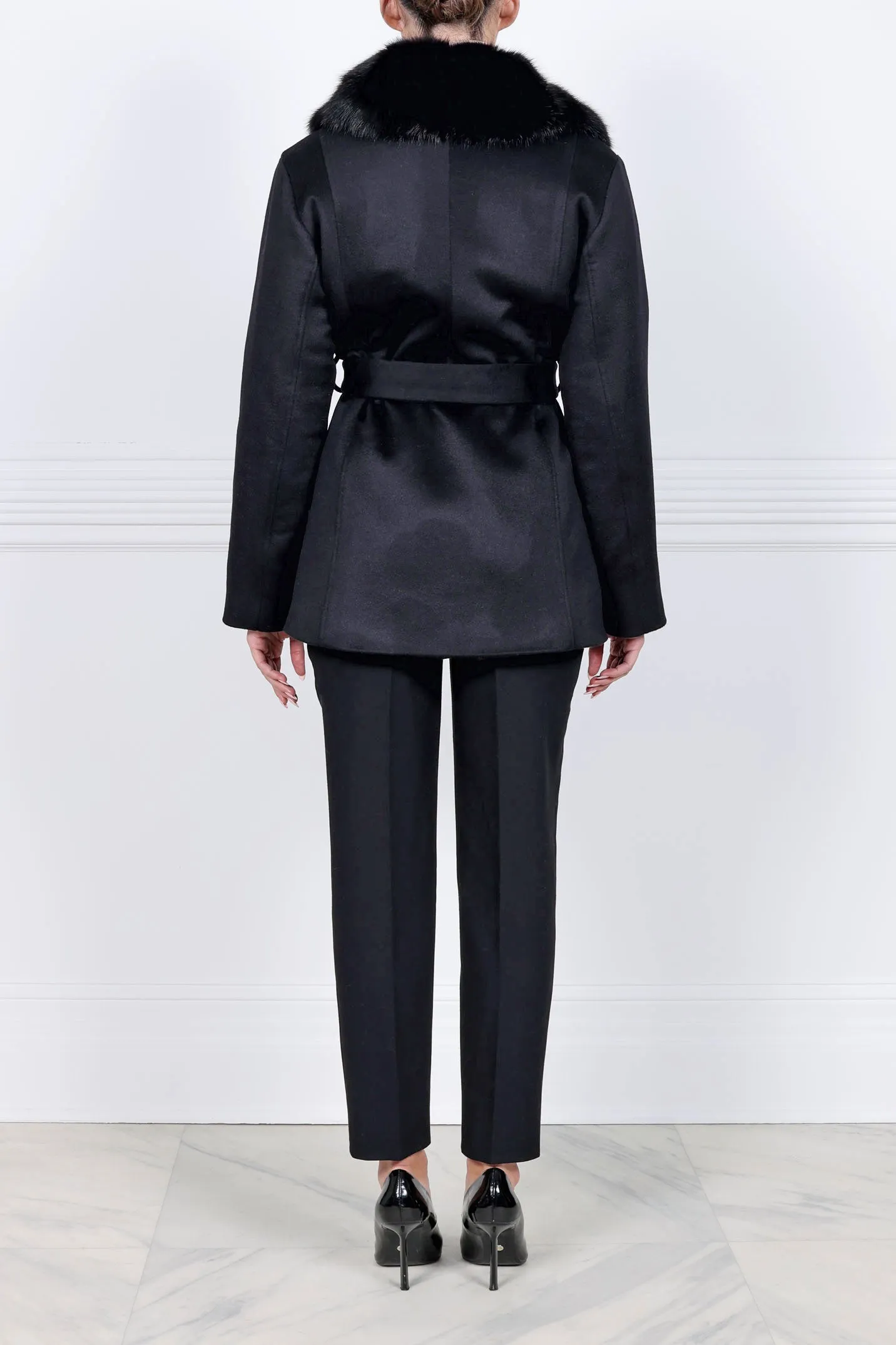 The Hailey Mink Lined Cashmere Belted Coat with Sable Collar