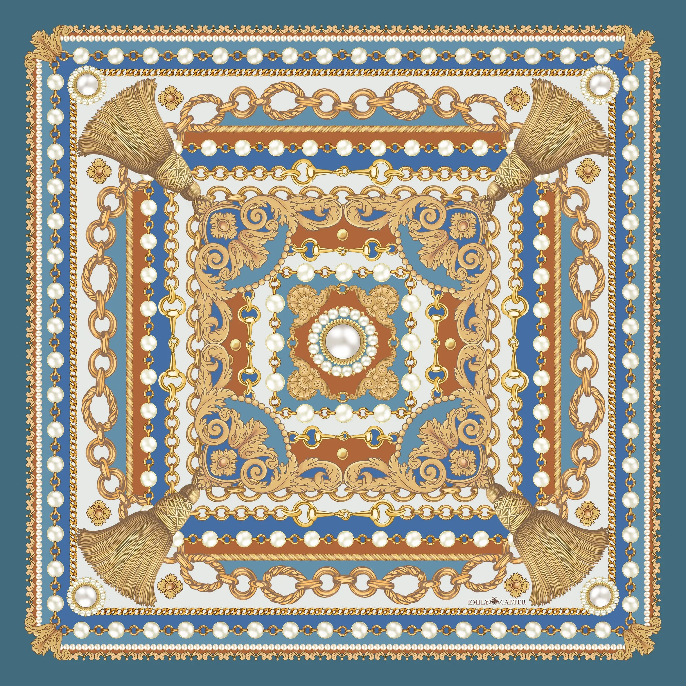 The Jewelled Baroque Silk Scarf - Aquamarine | 90x90cm [Preorder]