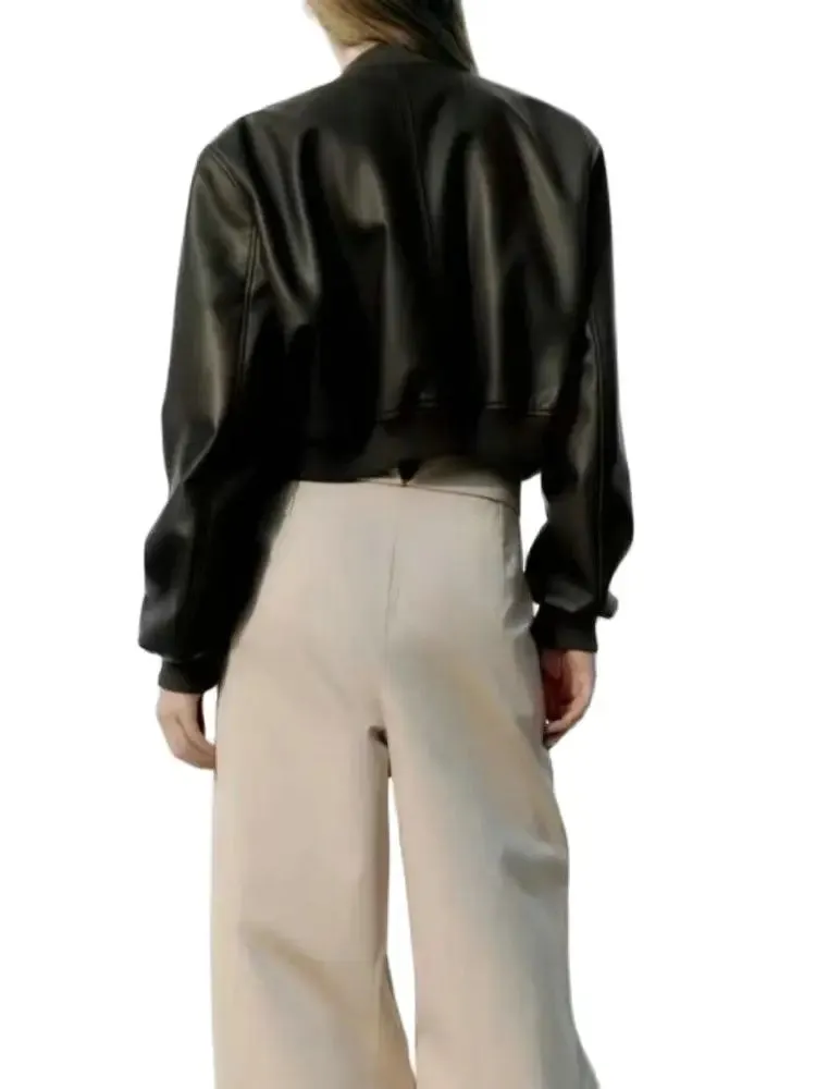 Trendy Cropped Faux Leather Jacket With Pockets