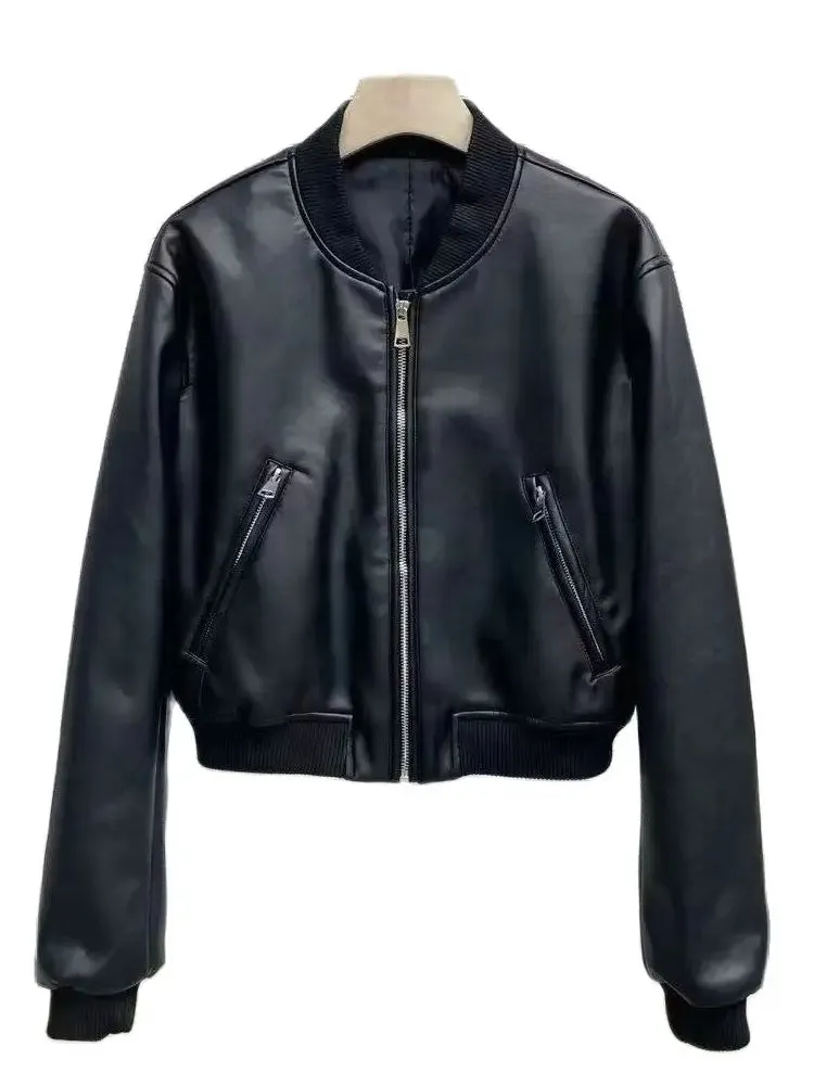 Trendy Cropped Faux Leather Jacket With Pockets