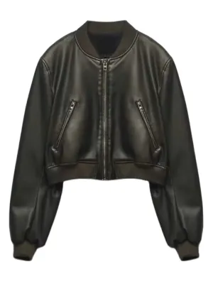 Trendy Cropped Faux Leather Jacket With Pockets