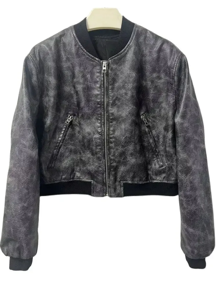 Trendy Cropped Faux Leather Jacket With Pockets