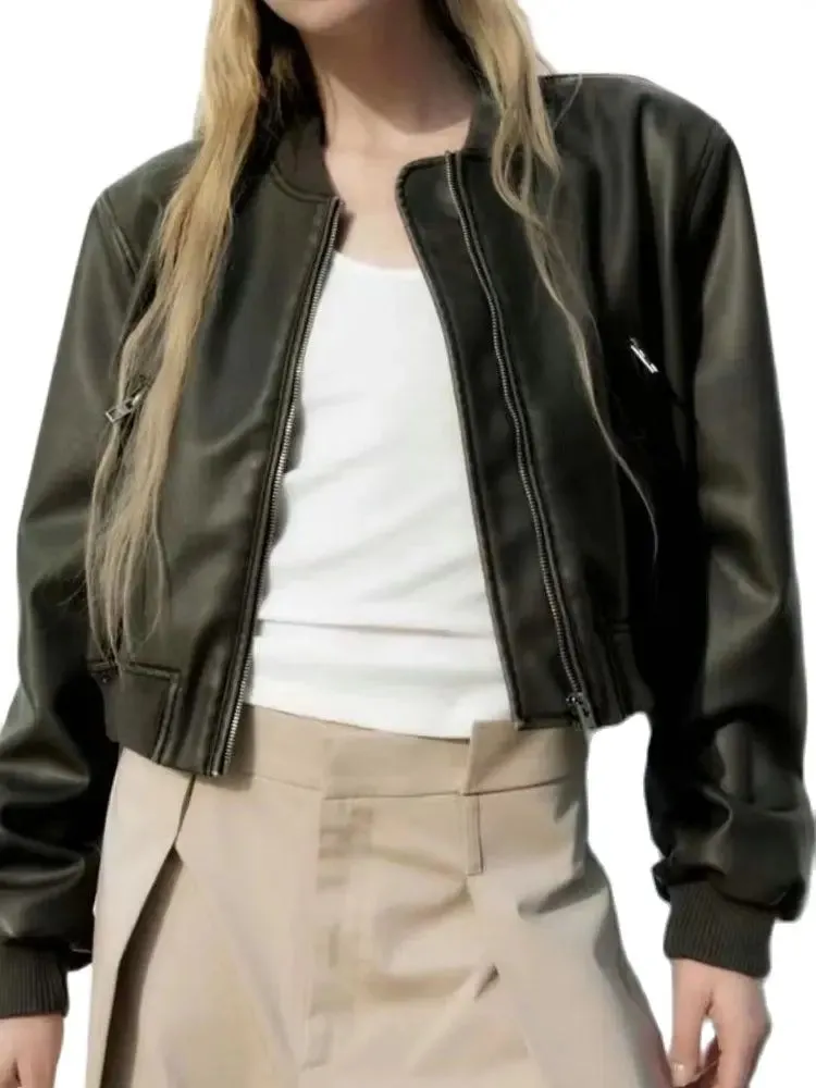 Trendy Cropped Faux Leather Jacket With Pockets