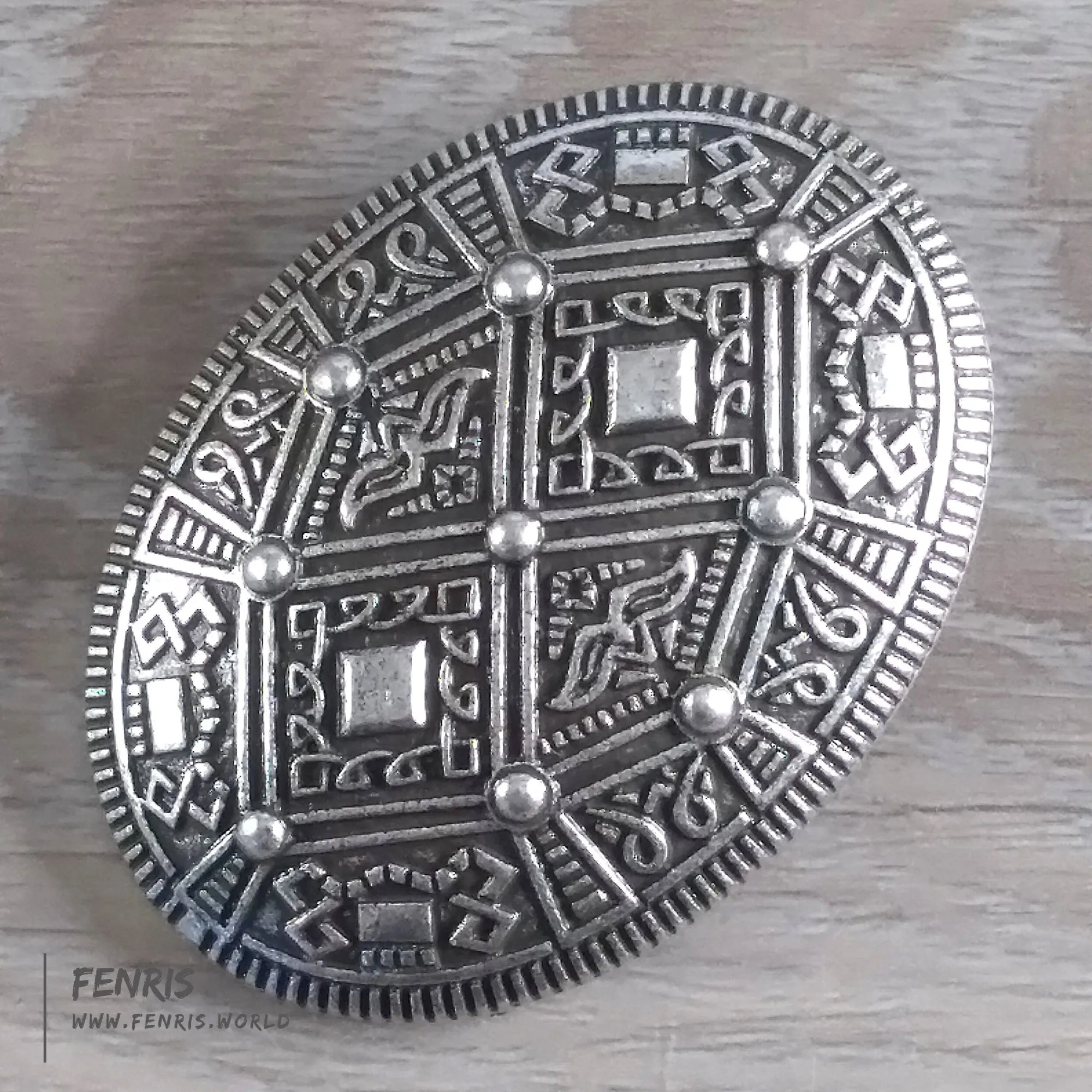 Viking Oval Brooch Silver Dress Grid Pattern Norse Viking Style