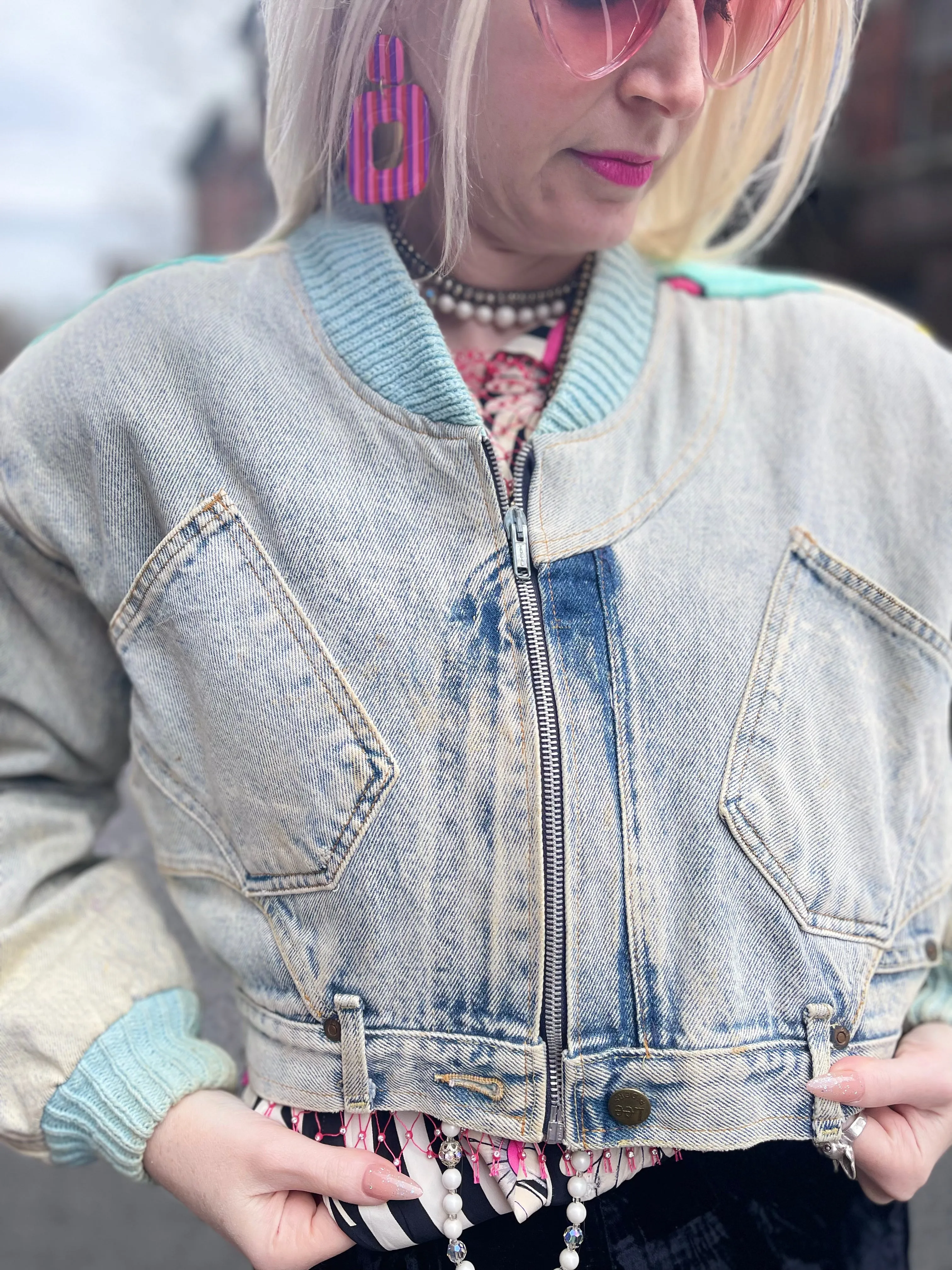 Vintage 80s Patchwork Garfield Cropped Jean Jacket