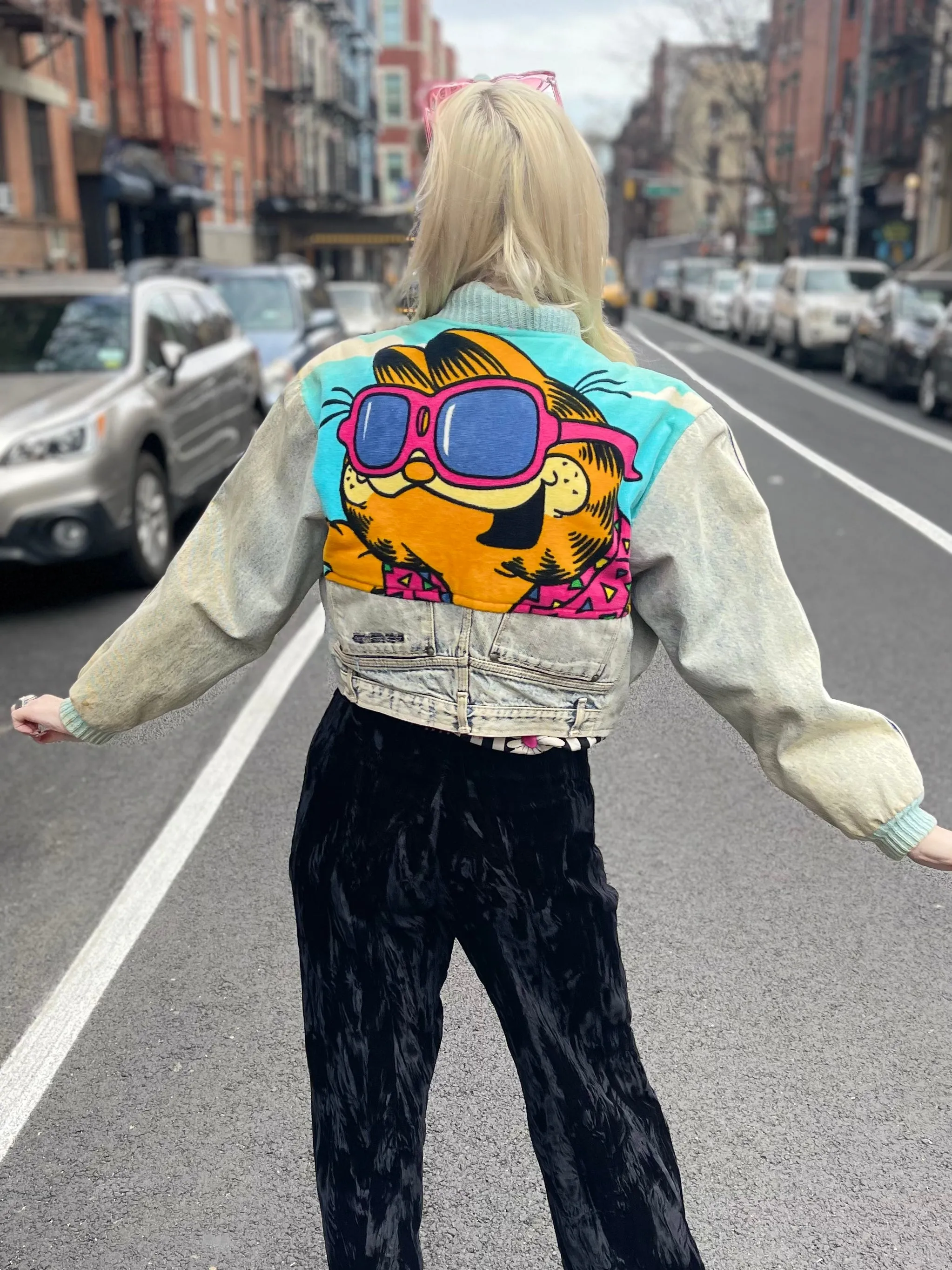 Vintage 80s Patchwork Garfield Cropped Jean Jacket