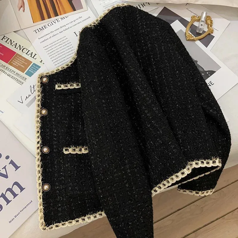 Vintage Black Tweed Jacket Women Elegant Cropped Quilted Coat Korean Commute Blazer Winter Ladies Thicken Short Outerwear