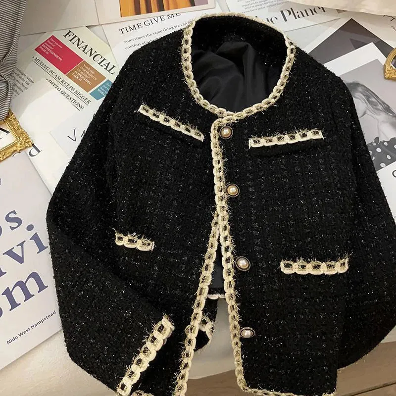 Vintage Black Tweed Jacket Women Elegant Cropped Quilted Coat Korean Commute Blazer Winter Ladies Thicken Short Outerwear