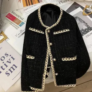 Vintage Black Tweed Jacket Women Elegant Cropped Quilted Coat Korean Commute Blazer Winter Ladies Thicken Short Outerwear