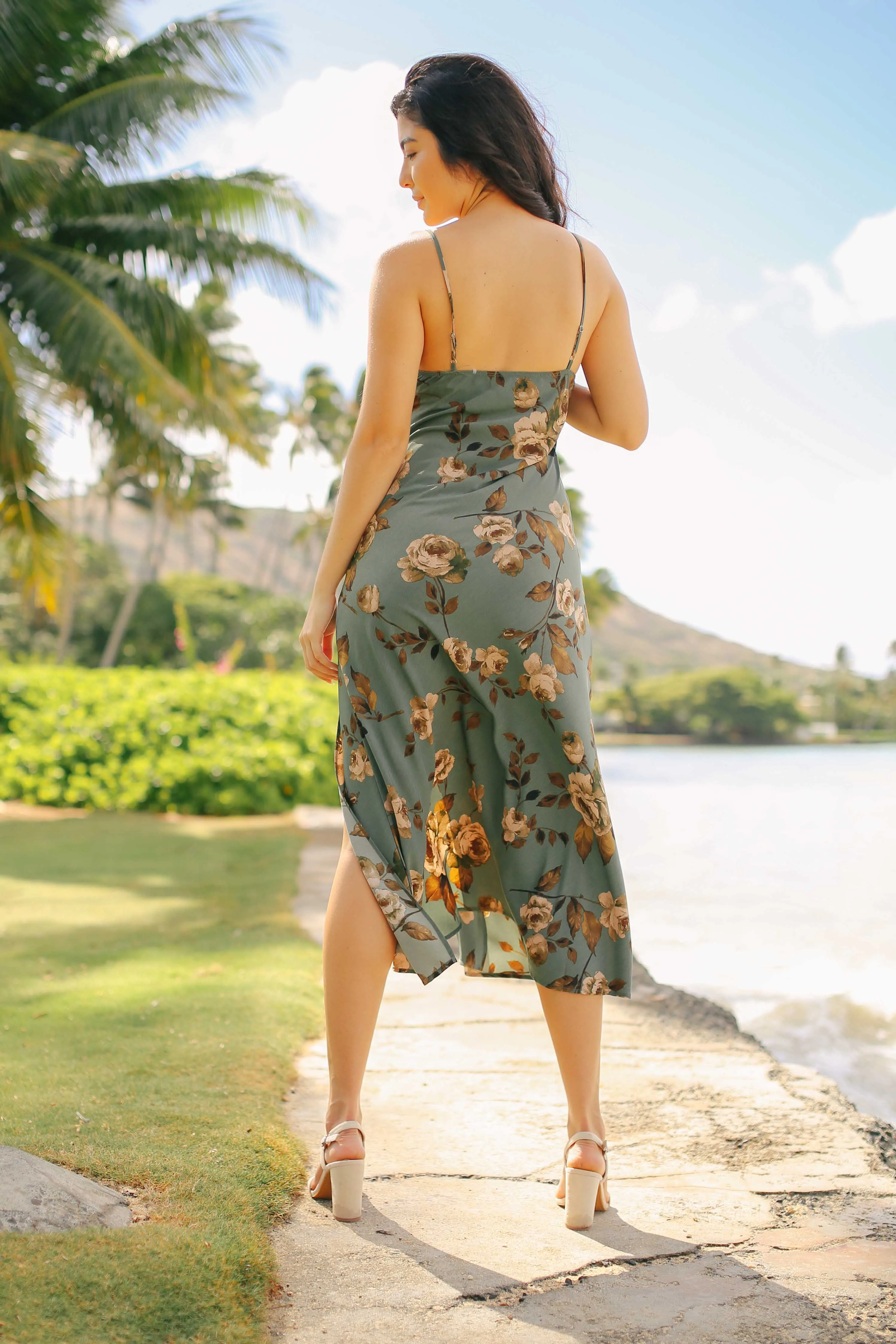 Vintage Floral Slit Midi Dress