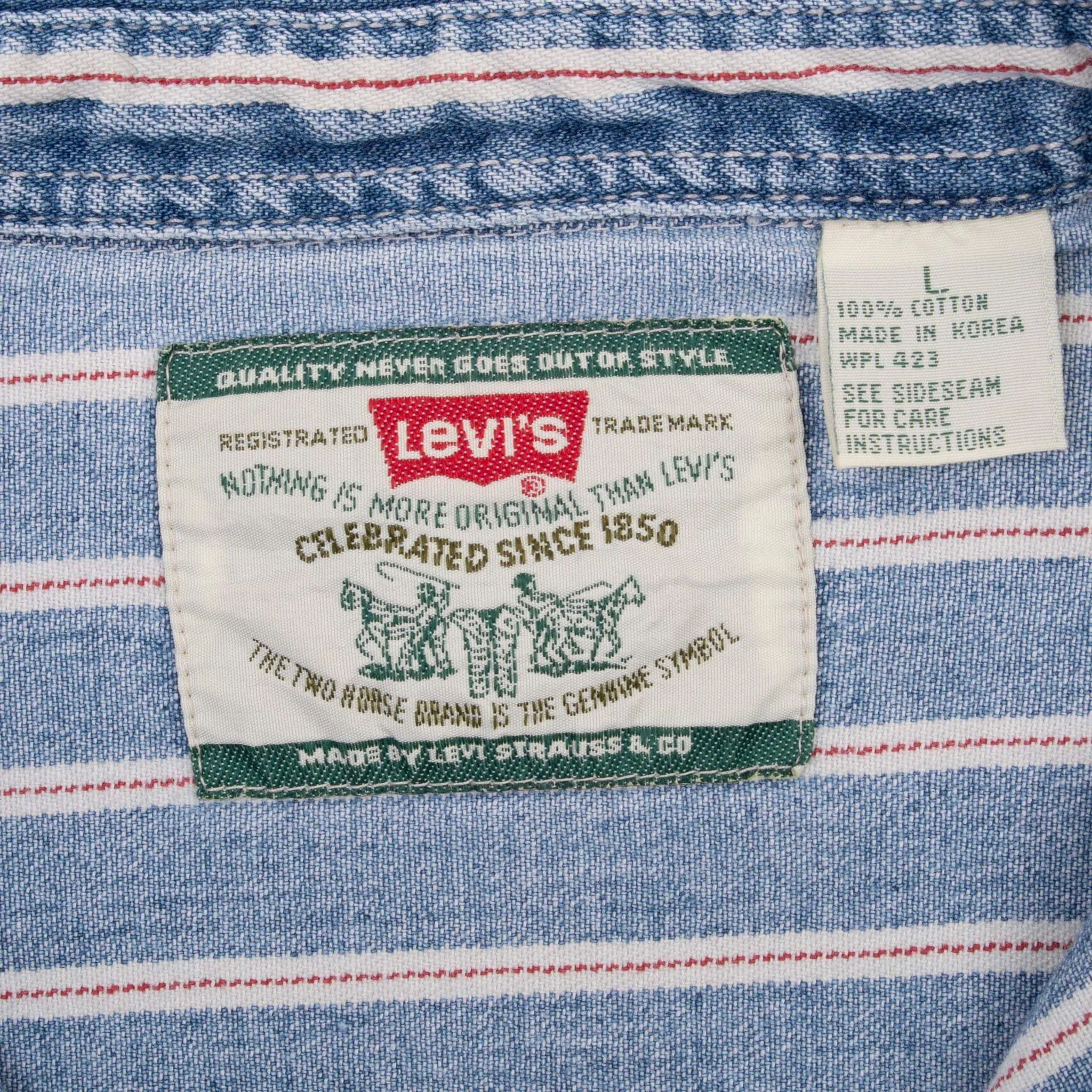 VINTAGE LEVIS RED LINE STRIPES BLUE POCKET DENIM SHIRT 1990S SIZE LARGE