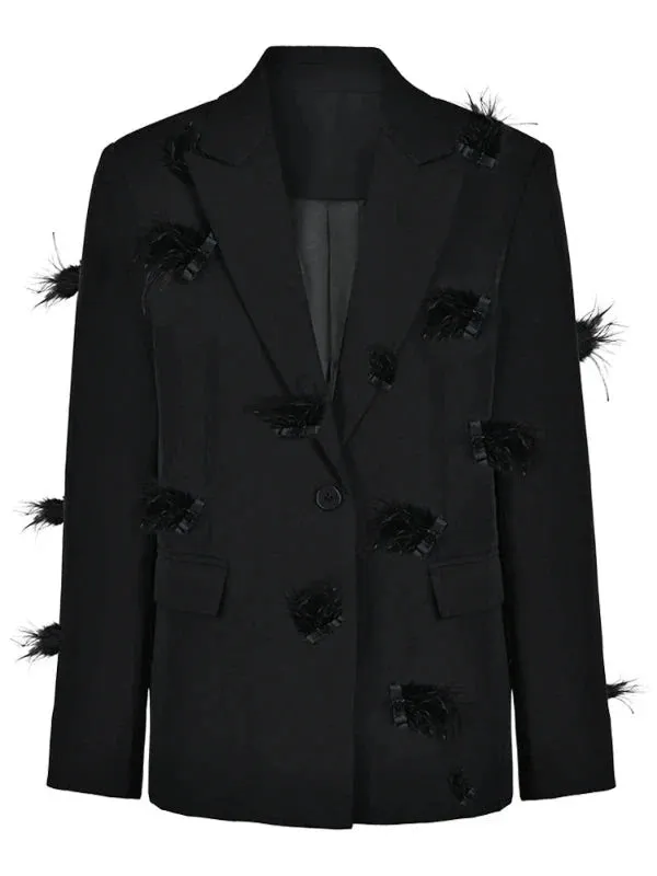 Wenkouban-Winter outfits Christmas Black Friday Notched Collar Feather Single Button Black Blazer