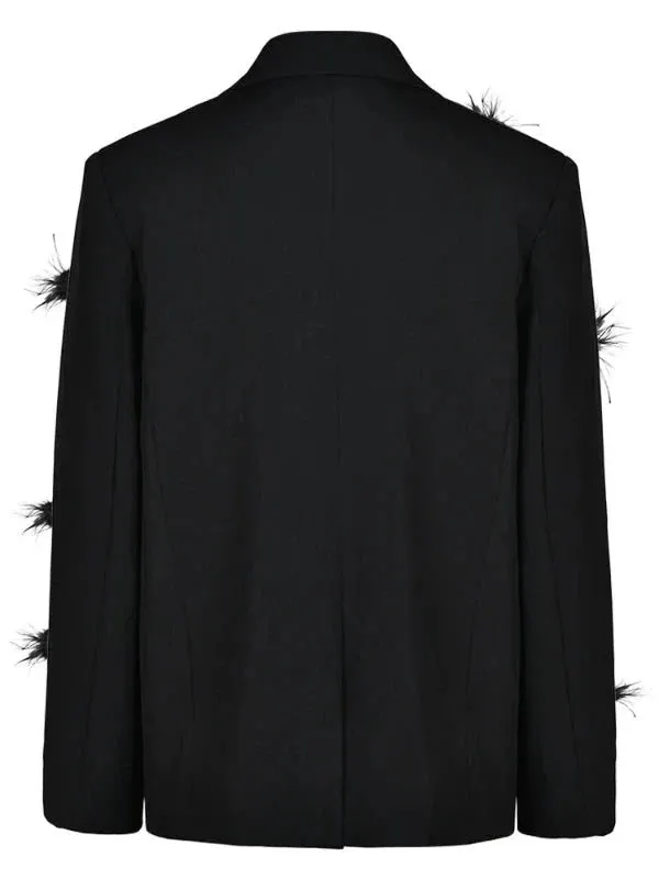 Wenkouban-Winter outfits Christmas Black Friday Notched Collar Feather Single Button Black Blazer