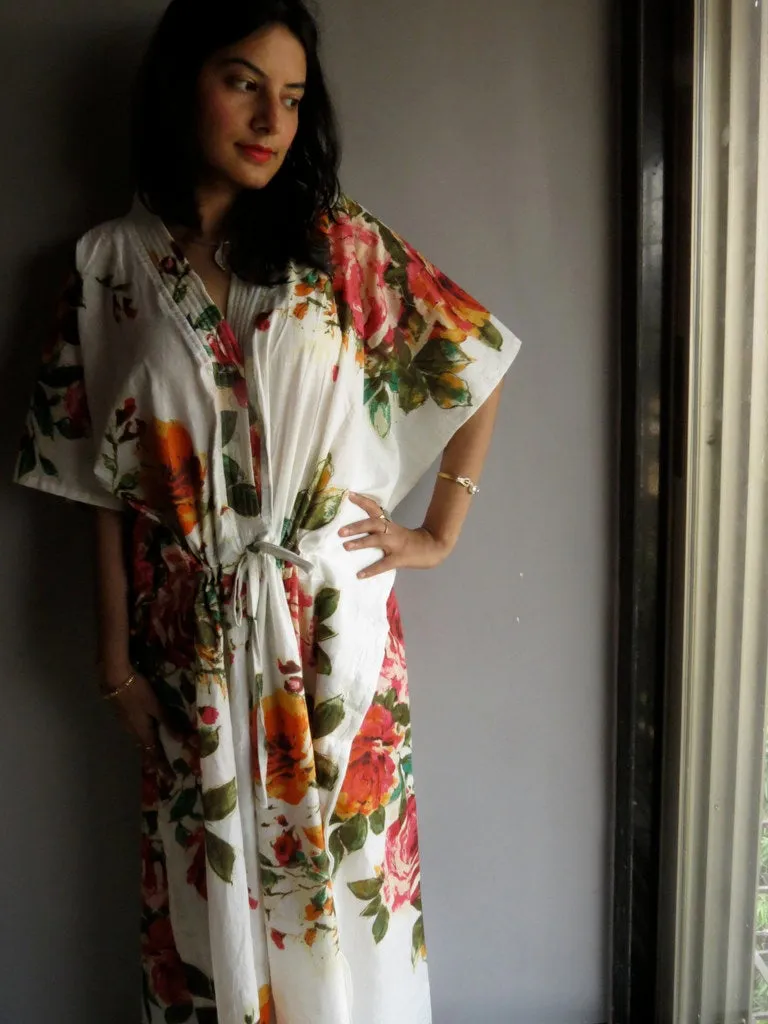 White Large Floral Blossom V-Neck Button Down to Waist, Ankle Length, Cinched Waist Caftan