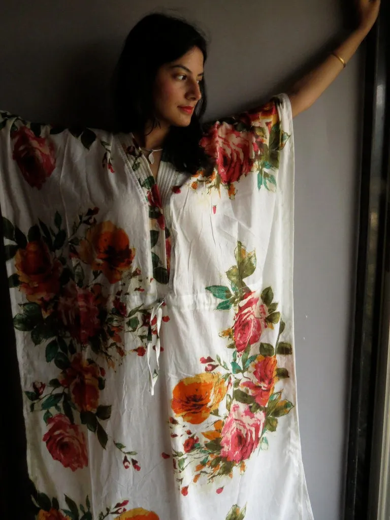 White Large Floral Blossom V-Neck Button Down to Waist, Ankle Length, Cinched Waist Caftan