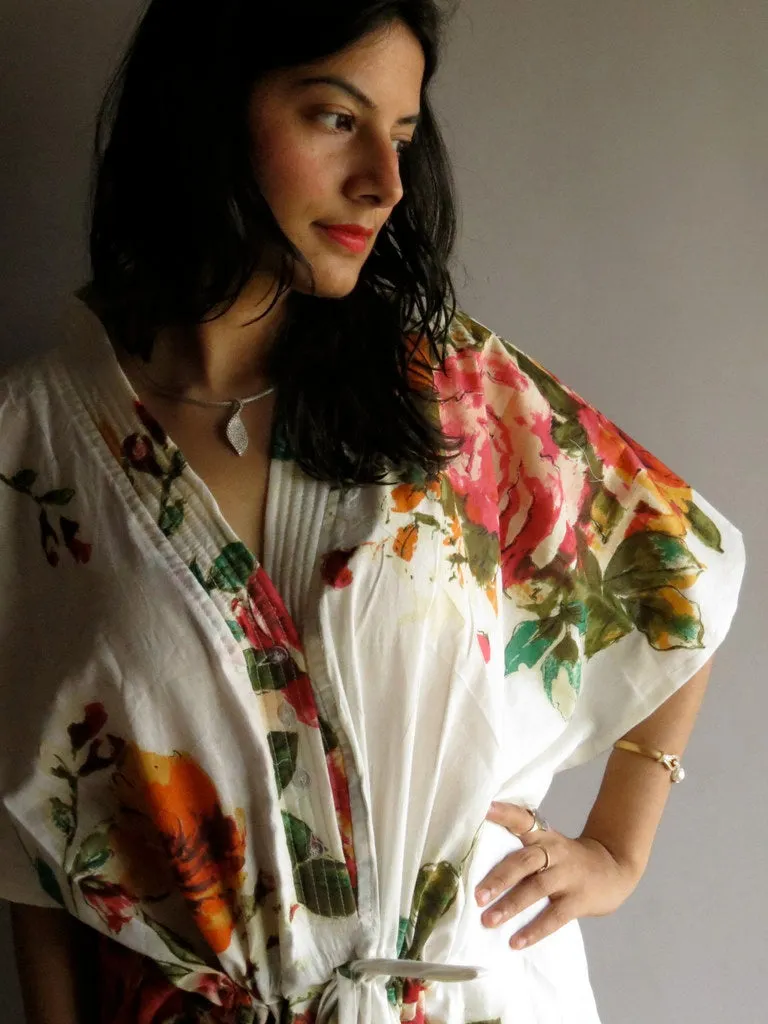 White Large Floral Blossom V-Neck Button Down to Waist, Ankle Length, Cinched Waist Caftan