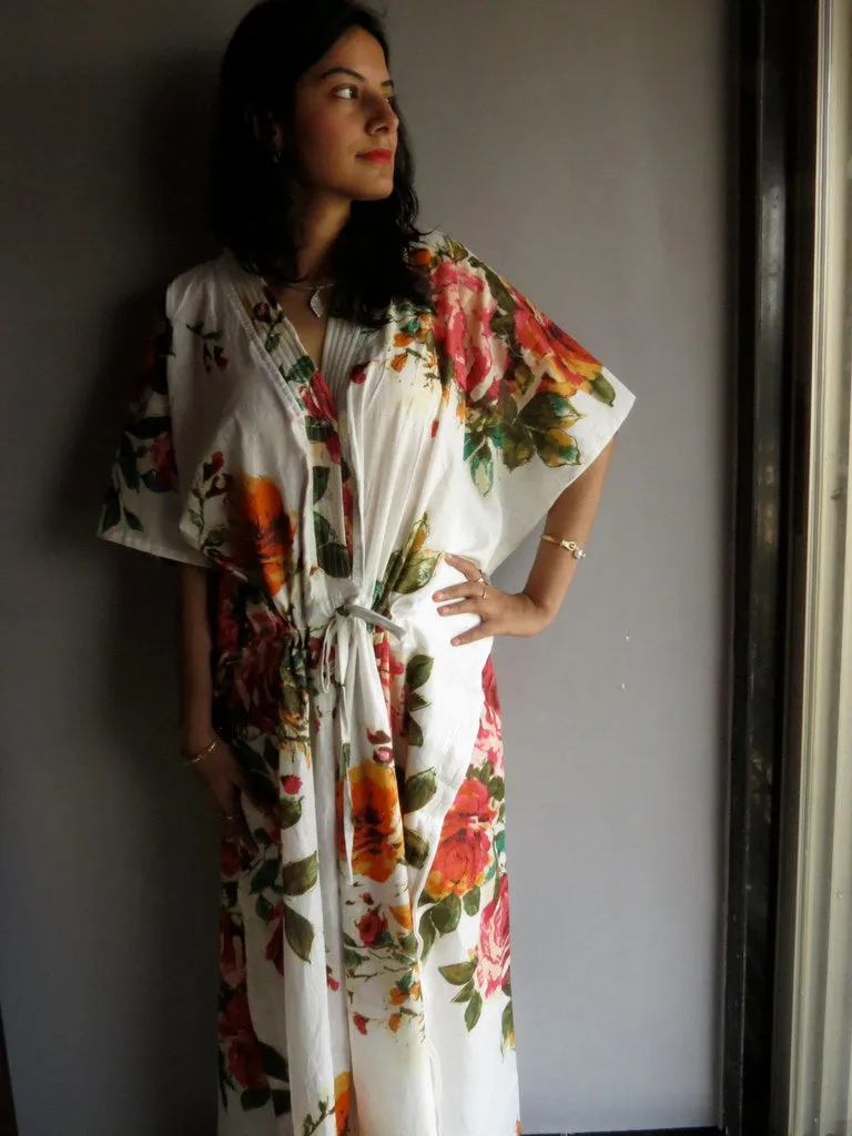 White Large Floral Blossom V-Neck Button Down to Waist, Ankle Length, Cinched Waist Caftan