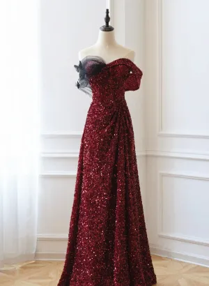 Wine Red Sequins Off Shoulder Long Party Dress, A-line Sequins Prom Dress