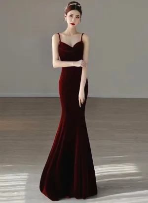 Wine Red Velvet Straps Low Back Long Prom Dress, Wine Red Party Dress