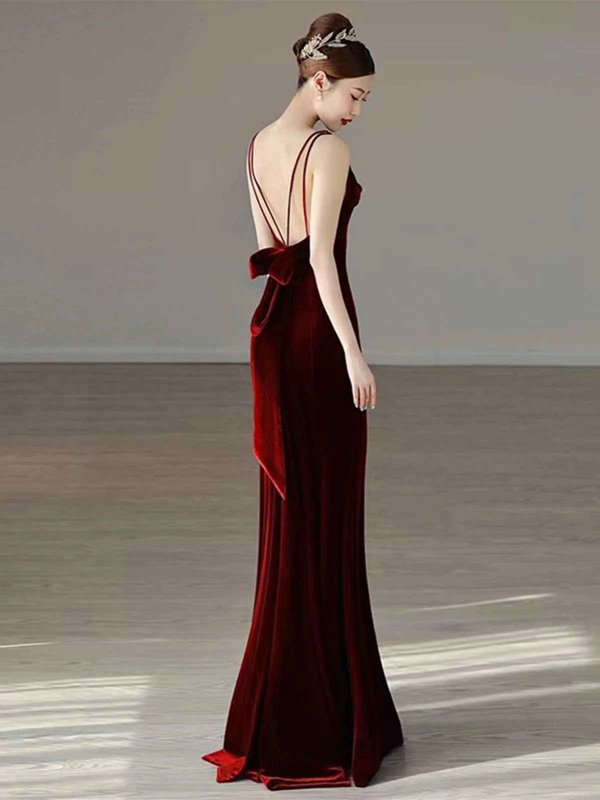 Wine Red Velvet Straps Low Back Long Prom Dress, Wine Red Party Dress