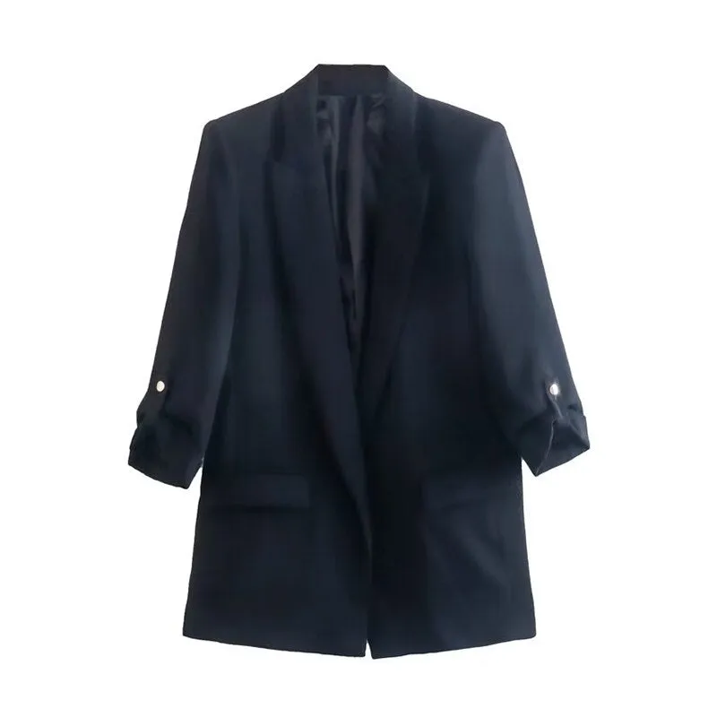 Wjczt 2022 Women Fashion Open Blazer Turn-Down Collar Rollable Sleeves Office Lady Jacket Coat Female Autumn Tops XX8797