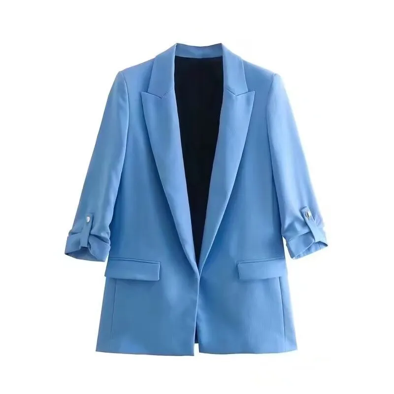 Wjczt 2022 Women Fashion Open Blazer Turn-Down Collar Rollable Sleeves Office Lady Jacket Coat Female Autumn Tops XX8797